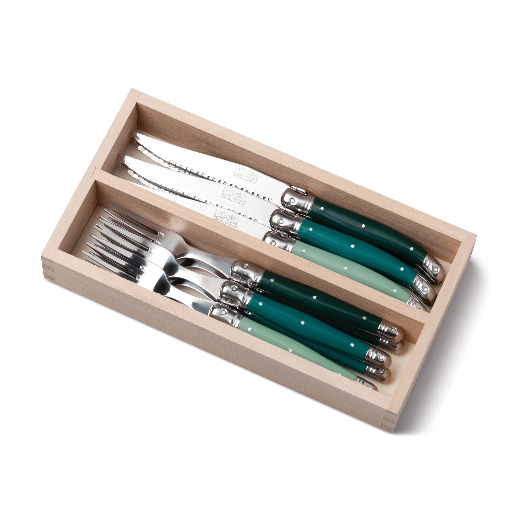 Laguiole par André Verdier - 12 Piece Steak Knife & Fork Set, Forest Green - Lacbleu Wines - K69G - 3289490058907