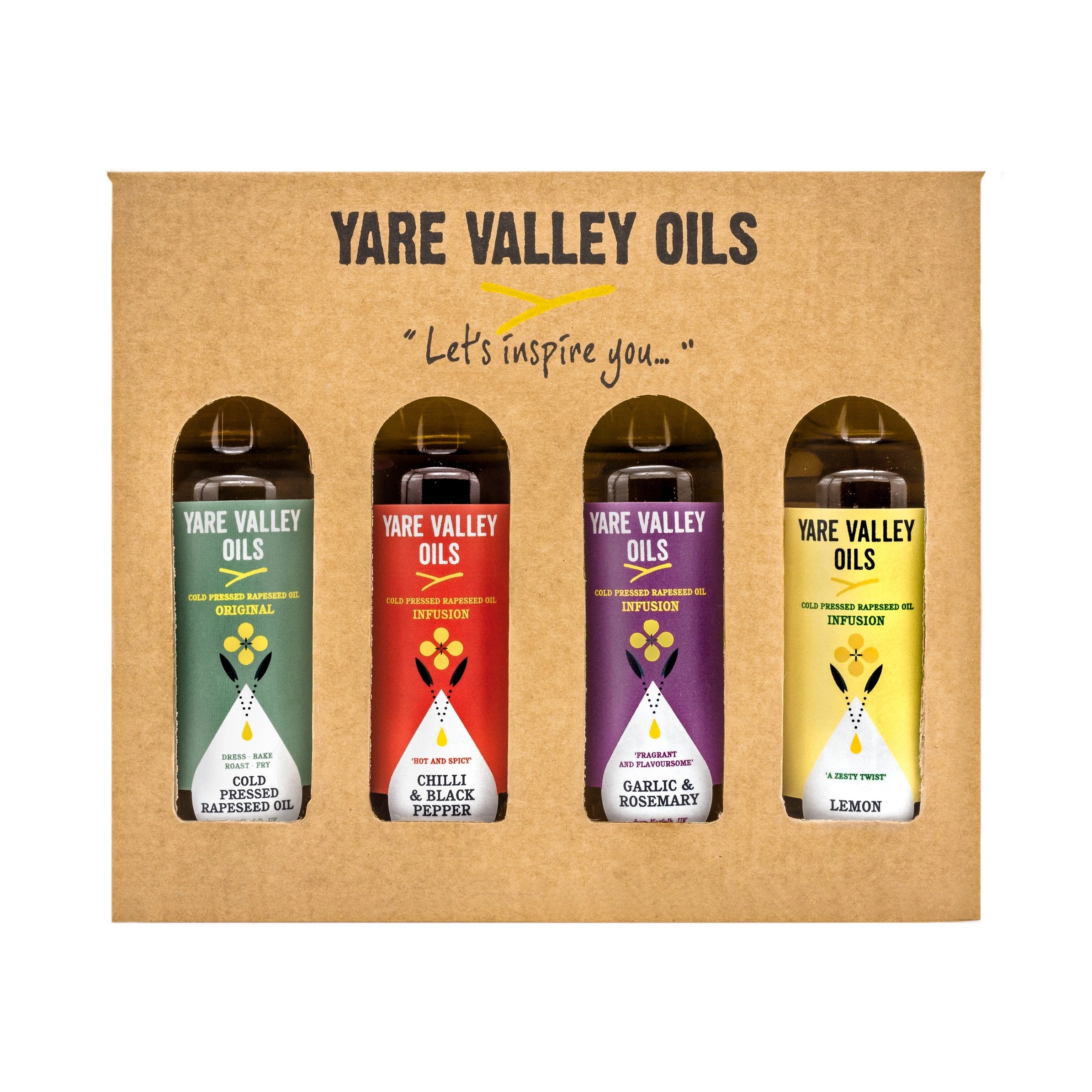 Yare Valley Oils packaging with four bottles on a cardboard box